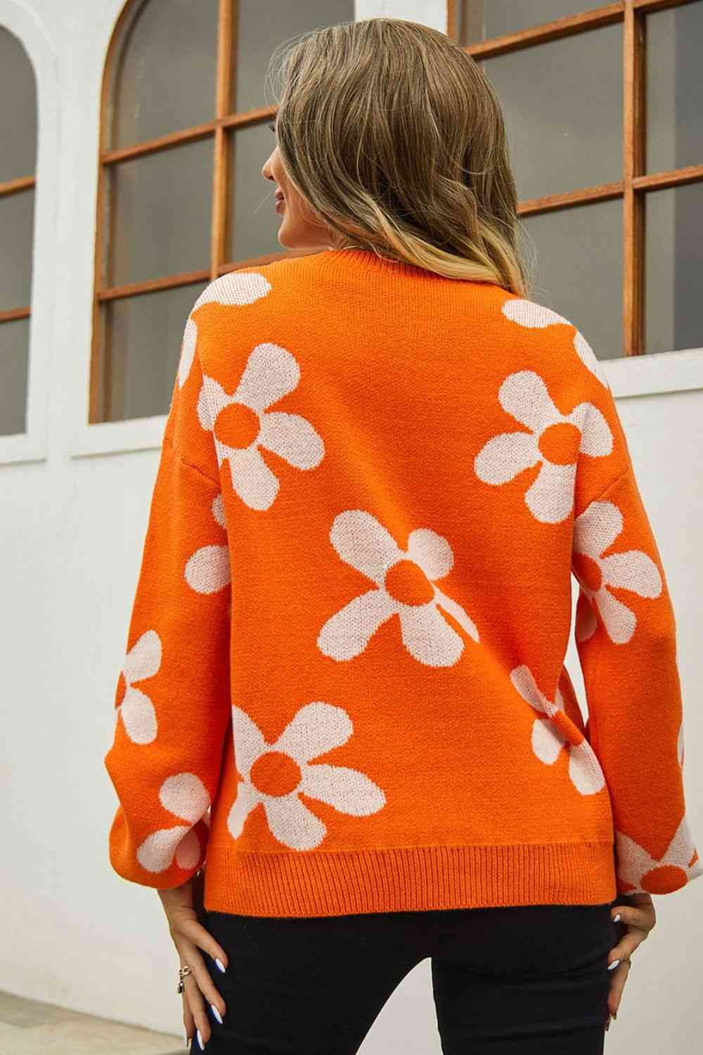 Floral Print Round Neck Dropped Shoulder Pullover Sweater - BloomBliss.com