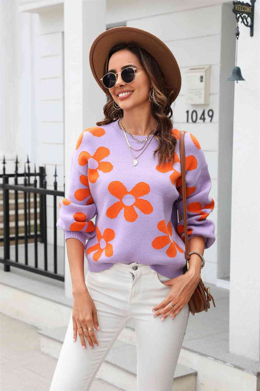 Floral Print Round Neck Dropped Shoulder Pullover Sweater - BloomBliss.com