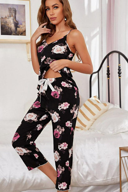 Floral V-Neck Cami and Cropped Pants Lounge Set - BloomBliss.com
