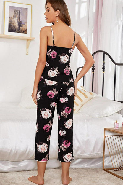 Floral V-Neck Cami and Cropped Pants Lounge Set - BloomBliss.com