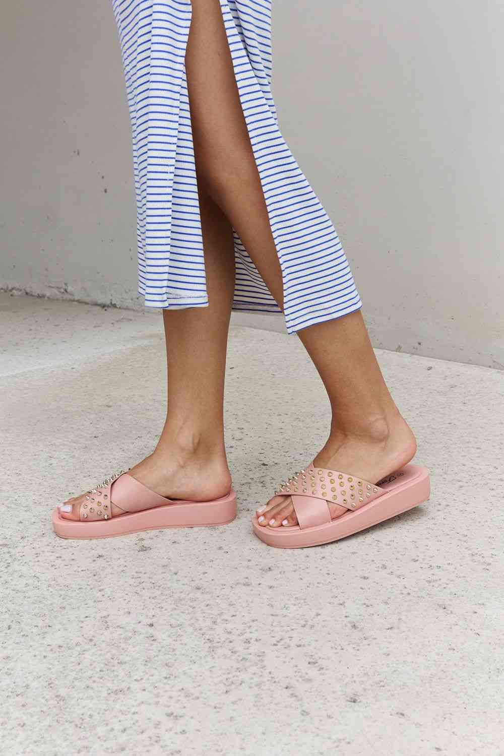 Forever Link Studded Cross Strap Sandals in Blush - BloomBliss.com