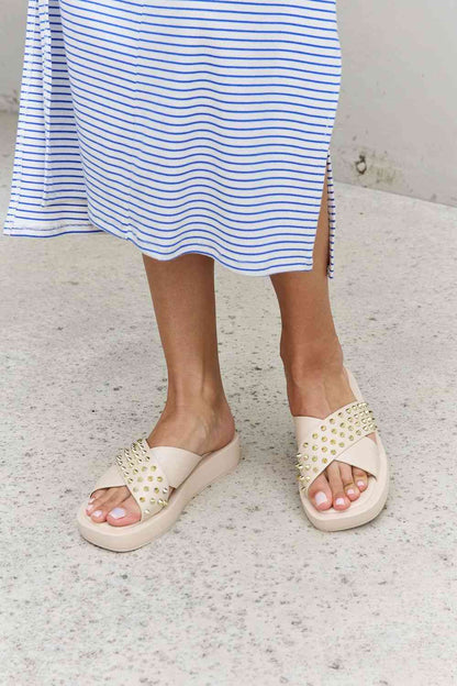 Forever Link Studded Cross Strap Sandals in Cream - BloomBliss.com