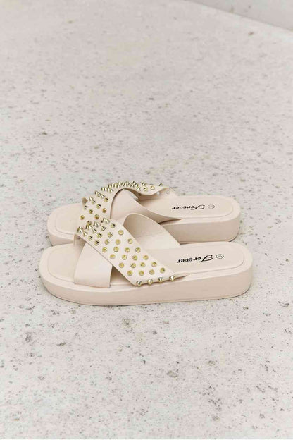 Forever Link Studded Cross Strap Sandals in Cream - BloomBliss.com