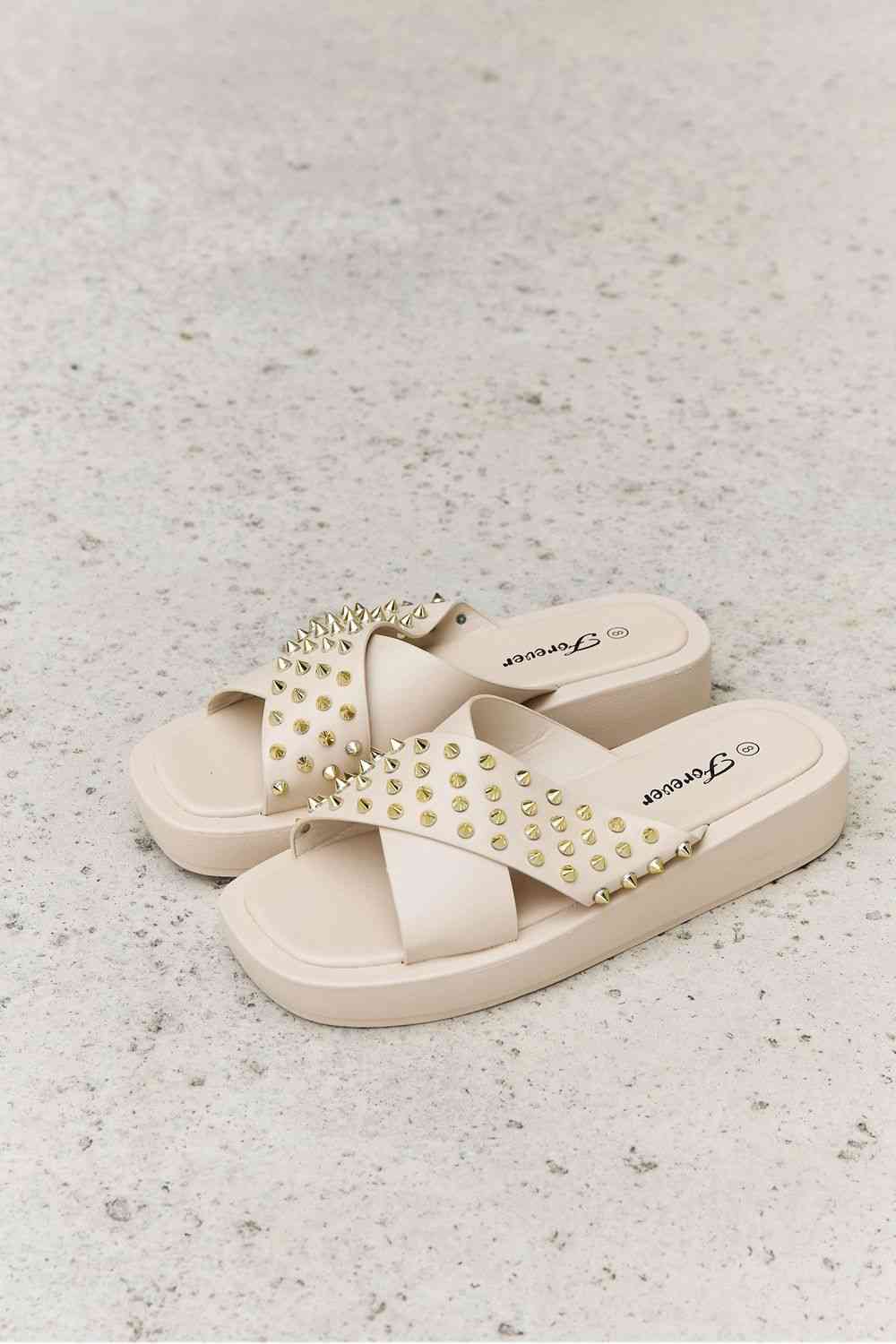 Forever Link Studded Cross Strap Sandals in Cream - BloomBliss.com