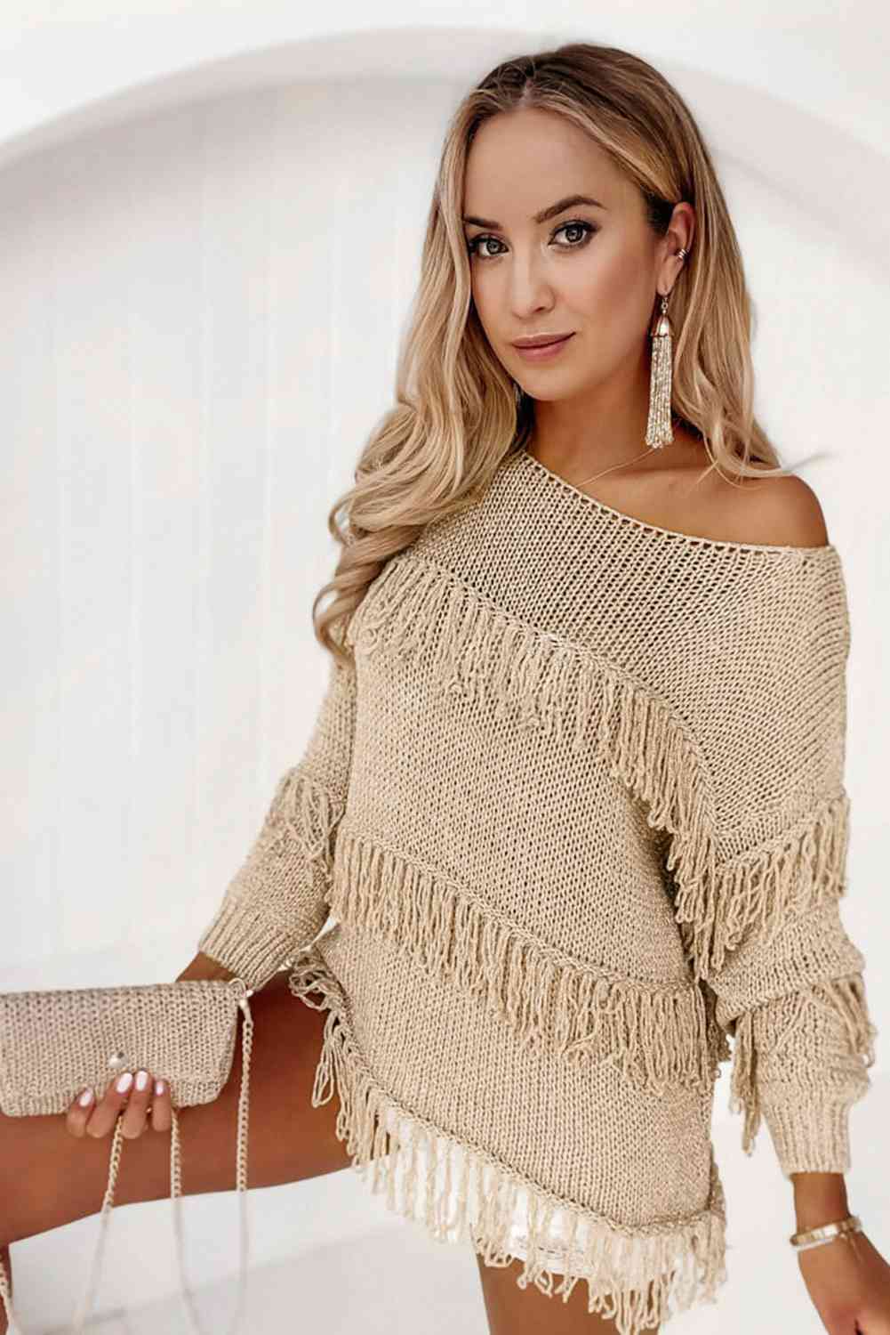 Fringe Detail Long Sleeve Sweater - BloomBliss.com