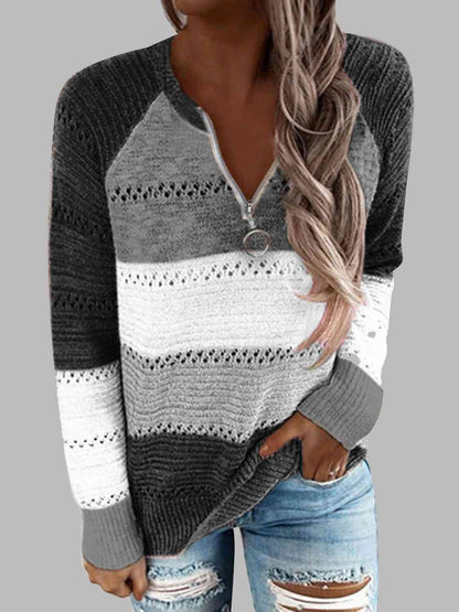 Full Size Color Block Half Zip Sweater - BloomBliss.com