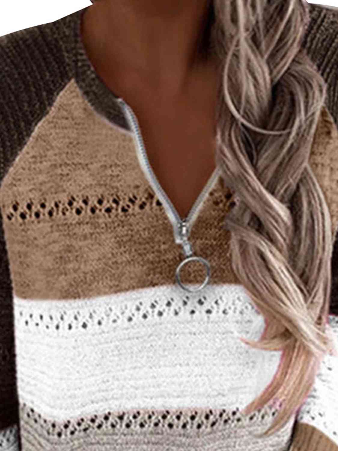 Full Size Color Block Half Zip Sweater - BloomBliss.com