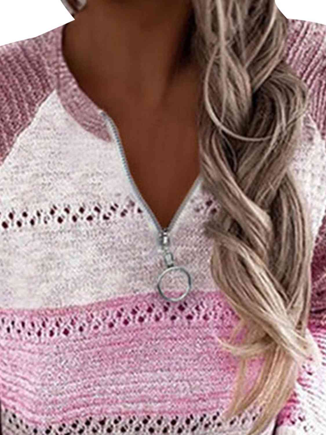 Full Size Color Block Half Zip Sweater - BloomBliss.com
