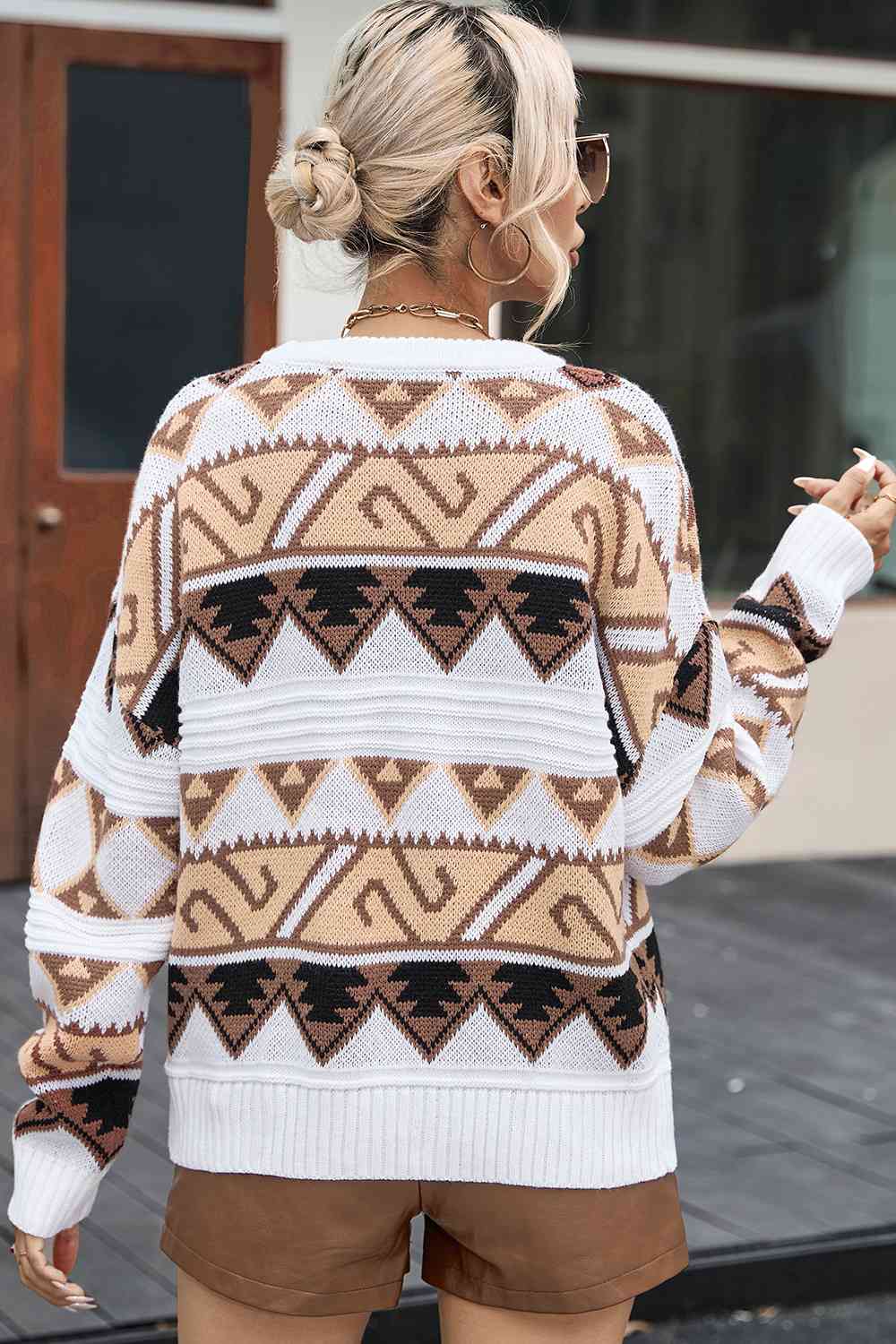 Geometric Round Neck Dropped Shoulder Sweater - BloomBliss.com