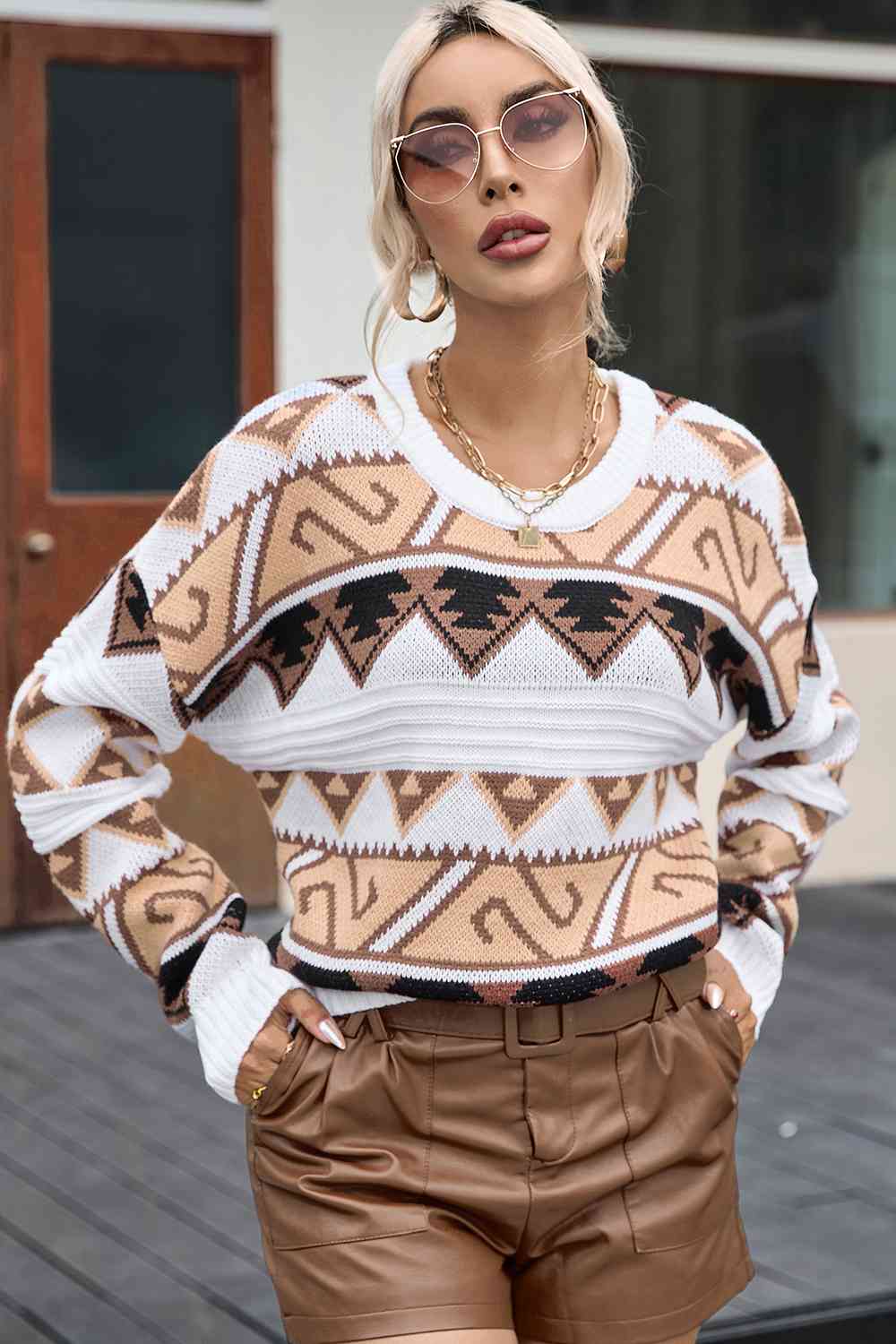 Geometric Round Neck Dropped Shoulder Sweater - BloomBliss.com