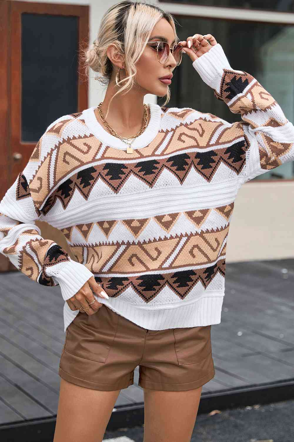 Geometric Round Neck Dropped Shoulder Sweater - BloomBliss.com