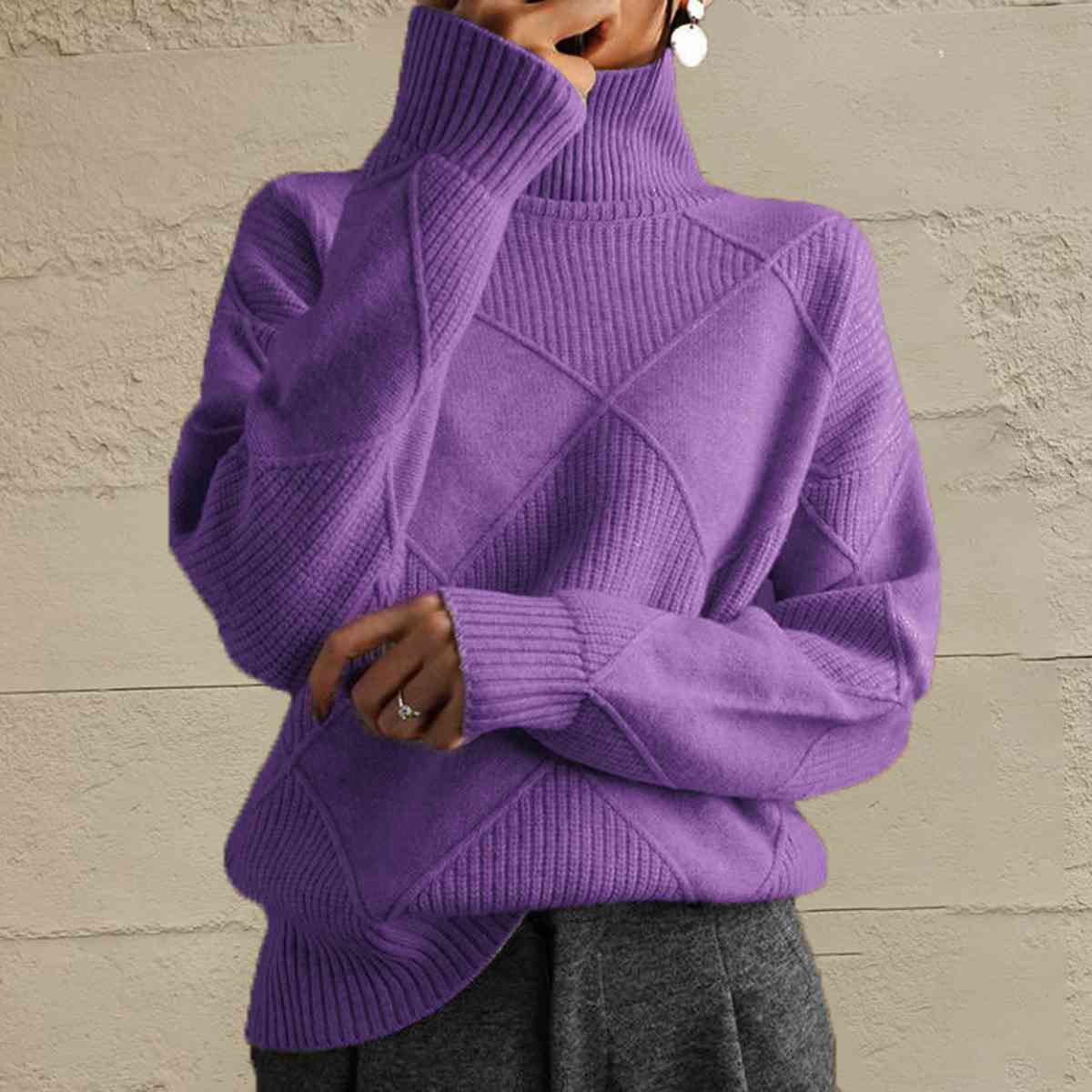 Geometric Turtleneck Long Sleeve Sweater - BloomBliss.com