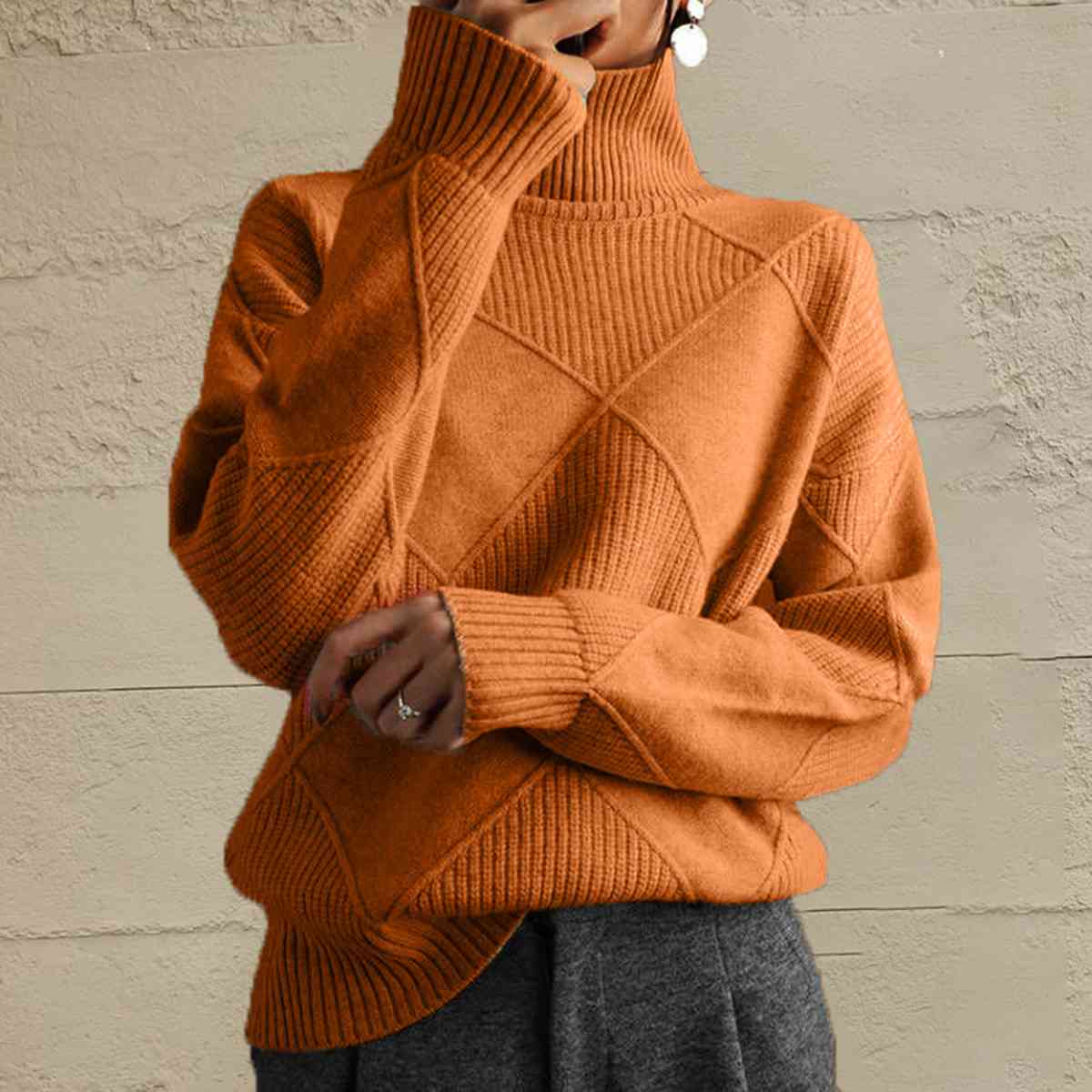 Geometric Turtleneck Long Sleeve Sweater - BloomBliss.com