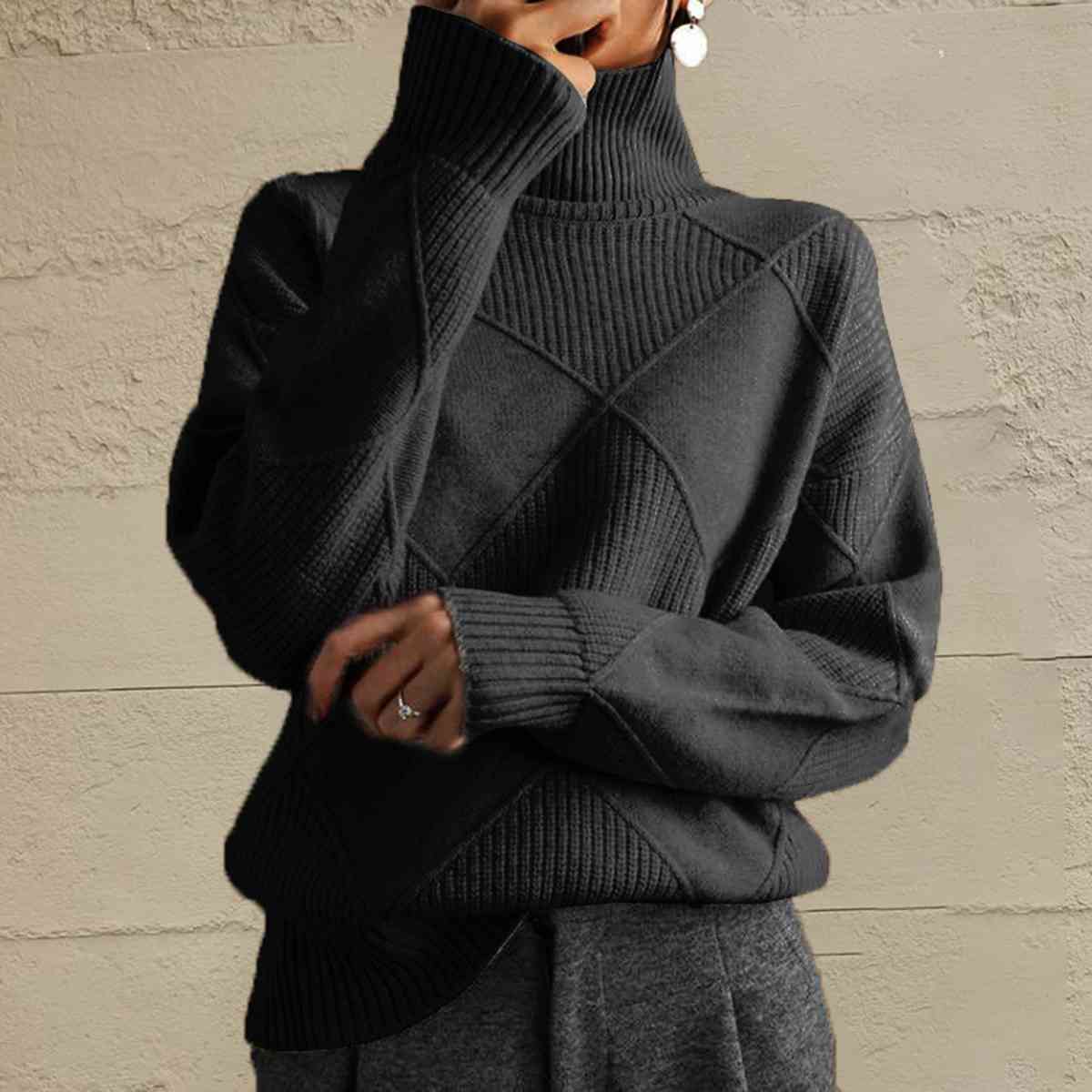 Geometric Turtleneck Long Sleeve Sweater - BloomBliss.com