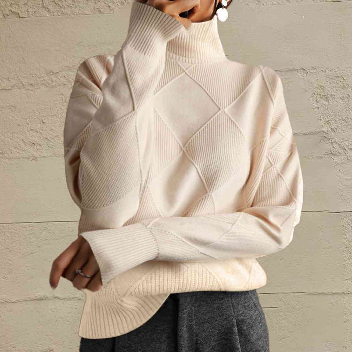 Geometric Turtleneck Long Sleeve Sweater - BloomBliss.com