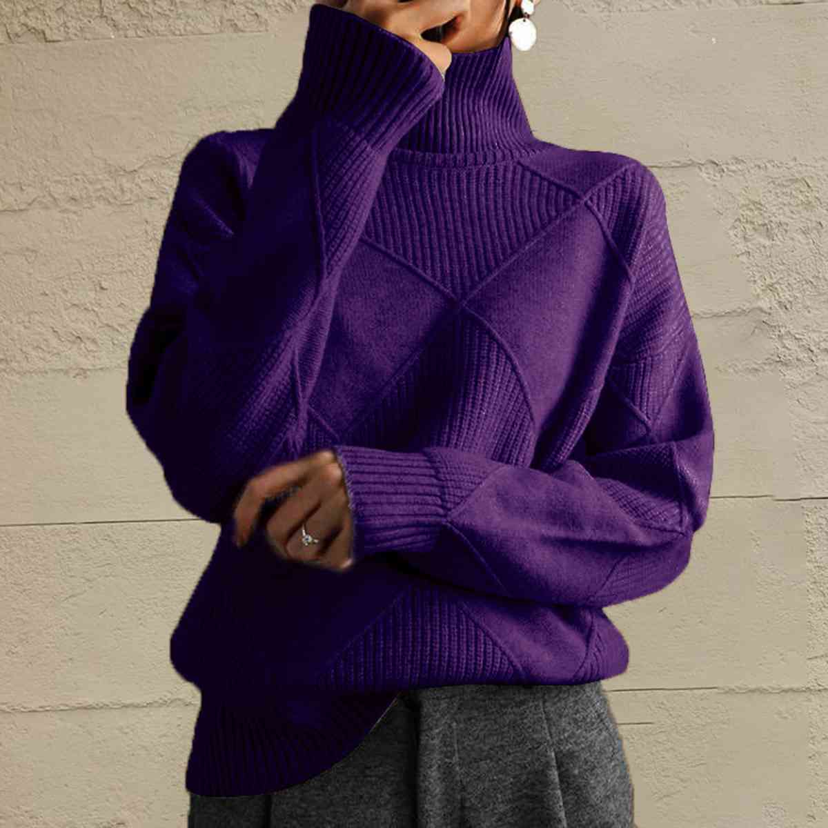 Geometric Turtleneck Long Sleeve Sweater - BloomBliss.com