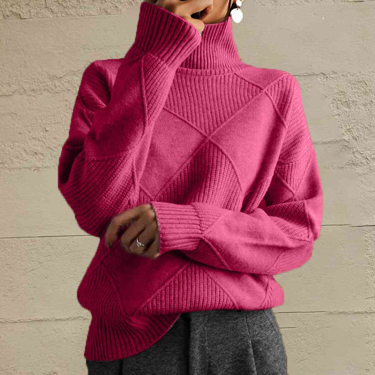 Geometric Turtleneck Long Sleeve Sweater - BloomBliss.com