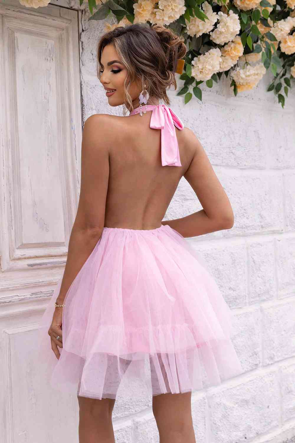 Halter Neck Backless Mesh Dress - BloomBliss.com
