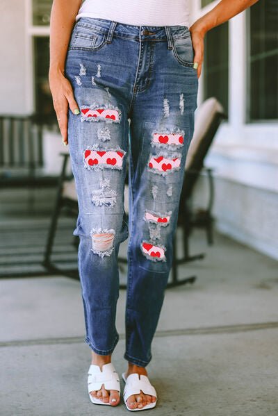 Heart Distressed Raw Hem Straight Jeans - BloomBliss.com