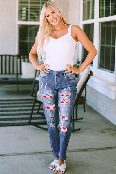 Heart Distressed Raw Hem Straight Jeans - BloomBliss.com