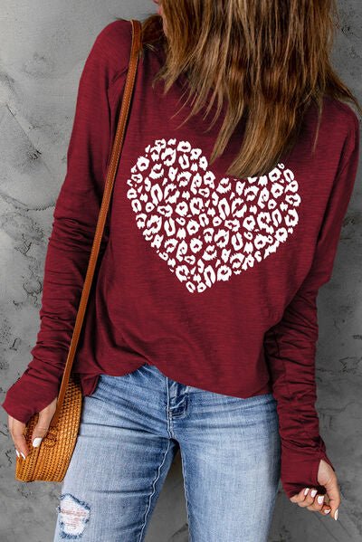 Heart Graphic Round Neck Long Sleeve T-Shirt - BloomBliss.com