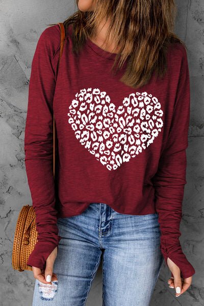 Heart Graphic Round Neck Long Sleeve T-Shirt - BloomBliss.com