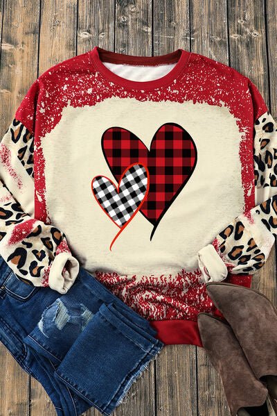 Heart Leopard Round Neck Sweatshirt - BloomBliss.com