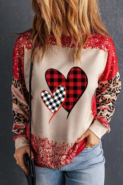 Heart Leopard Round Neck Sweatshirt - BloomBliss.com