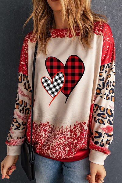 Heart Leopard Round Neck Sweatshirt - BloomBliss.com