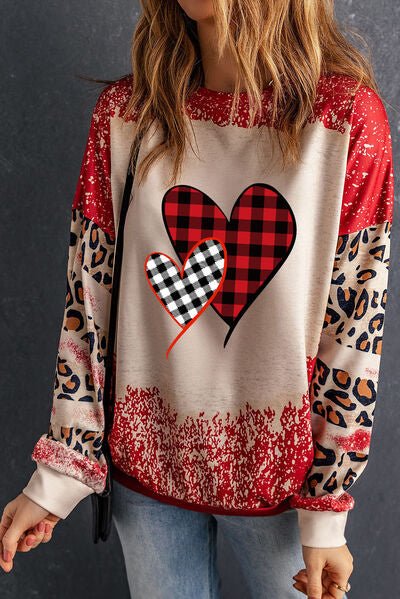 Heart Leopard Round Neck Sweatshirt - BloomBliss.com