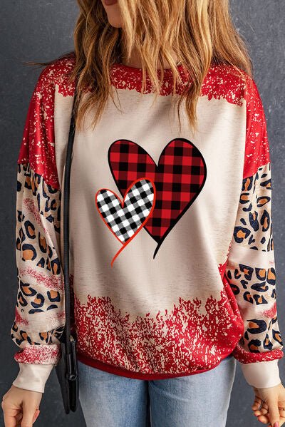 Heart Leopard Round Neck Sweatshirt - BloomBliss.com