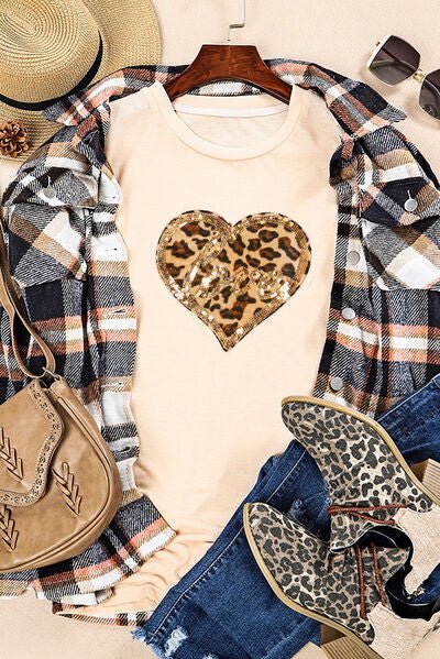 Heart Leopard Sequin Short Sleeve T-Shirt - BloomBliss.com