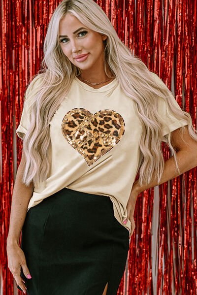 Heart Leopard Sequin Short Sleeve T-Shirt - BloomBliss.com