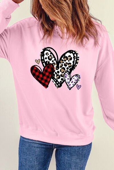 Heart Round Neck Dropped Shoulder Sweatshirt - BloomBliss.com