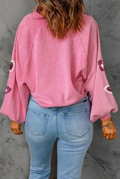 Heart Sequin Half Snap Mineral Wash Sweatshirt - BloomBliss.com