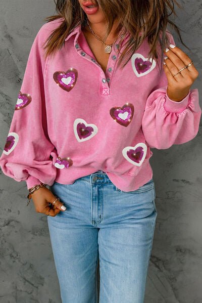 Heart Sequin Half Snap Mineral Wash Sweatshirt - BloomBliss.com