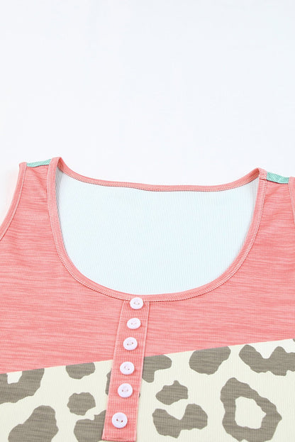 Leopard Color Block Decorative Button Tank - BloomBliss.com
