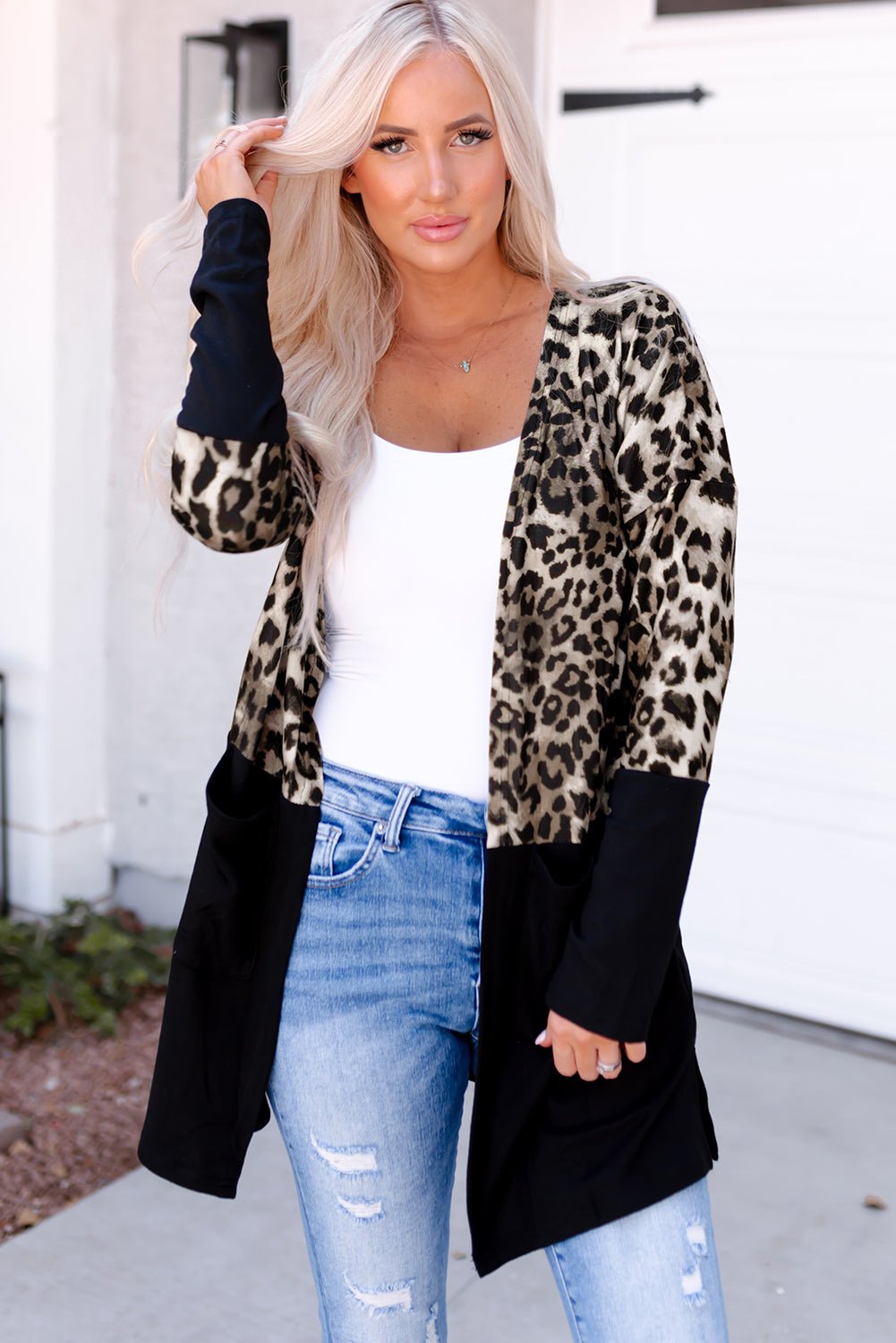 Leopard Color Block Open Front Longline Top - BloomBliss.com