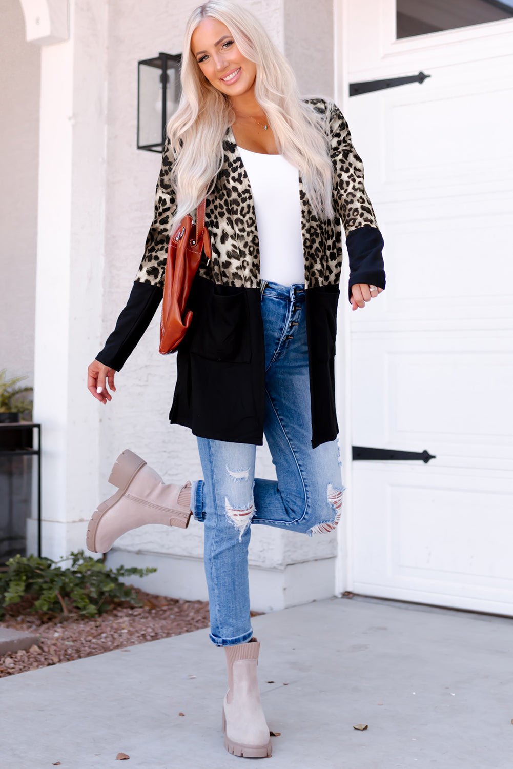 Leopard Color Block Open Front Longline Top - BloomBliss.com