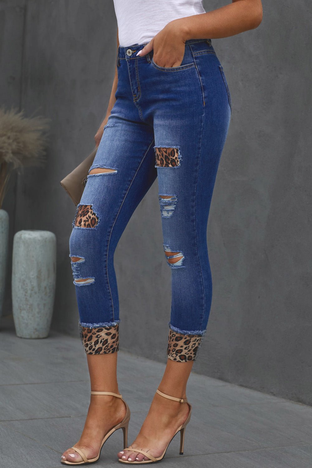 Leopard Patch Distressed Cropped Jeans - BloomBliss.com