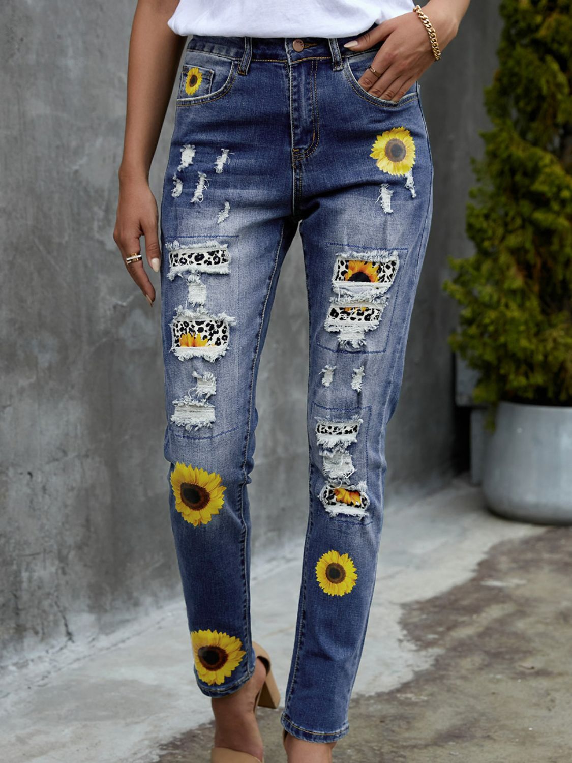 Leopard Patchwork Sunflower Print Distressed High Waist Jeans - BloomBliss.com