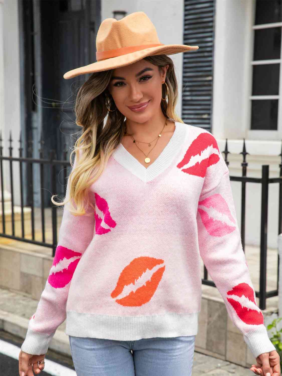 Lip V-Neck Drop Shoulder Sweater - BloomBliss.com