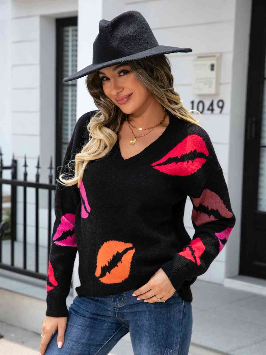 Lip V-Neck Drop Shoulder Sweater - BloomBliss.com