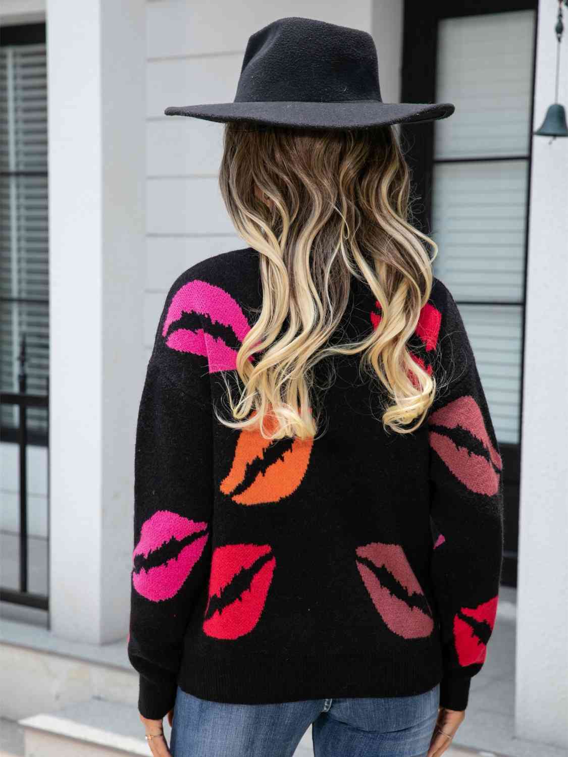 Lip V-Neck Drop Shoulder Sweater - BloomBliss.com