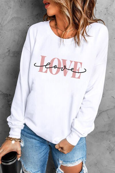 LOVE Round Neck Dropped Shoulder Sweatshirt - BloomBliss.com