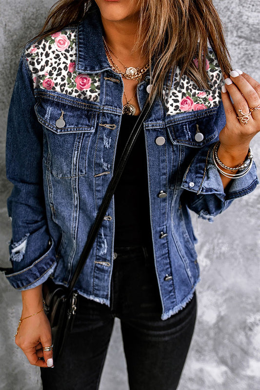 Mixed Print Distressed Button Front Denim Jacket - BloomBliss.com