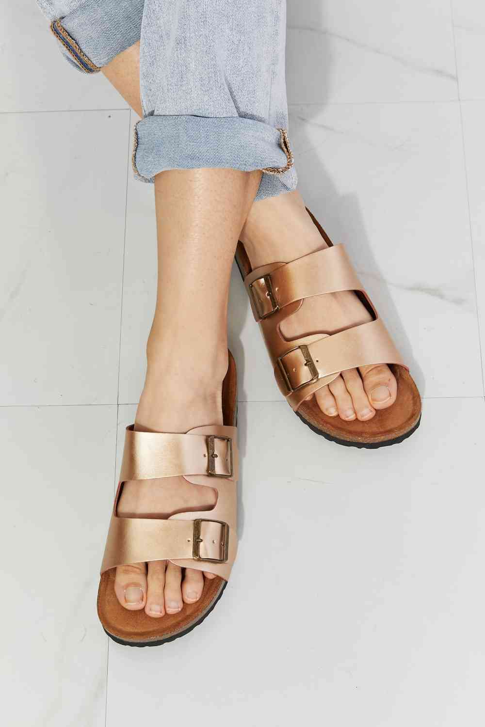 MMShoes Best Life Double-Banded Slide Sandal in Gold - BloomBliss.com