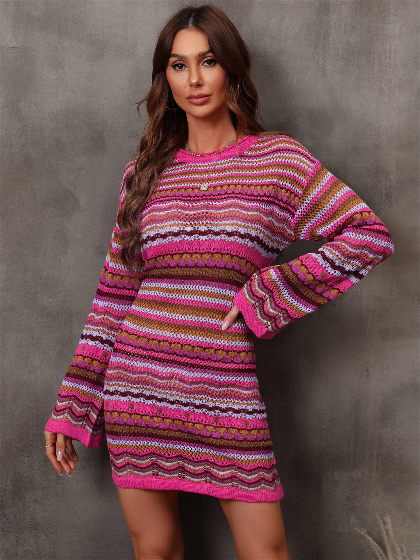 Multicolored Stripe Dropped Shoulder Sweater Dress - BloomBliss.com