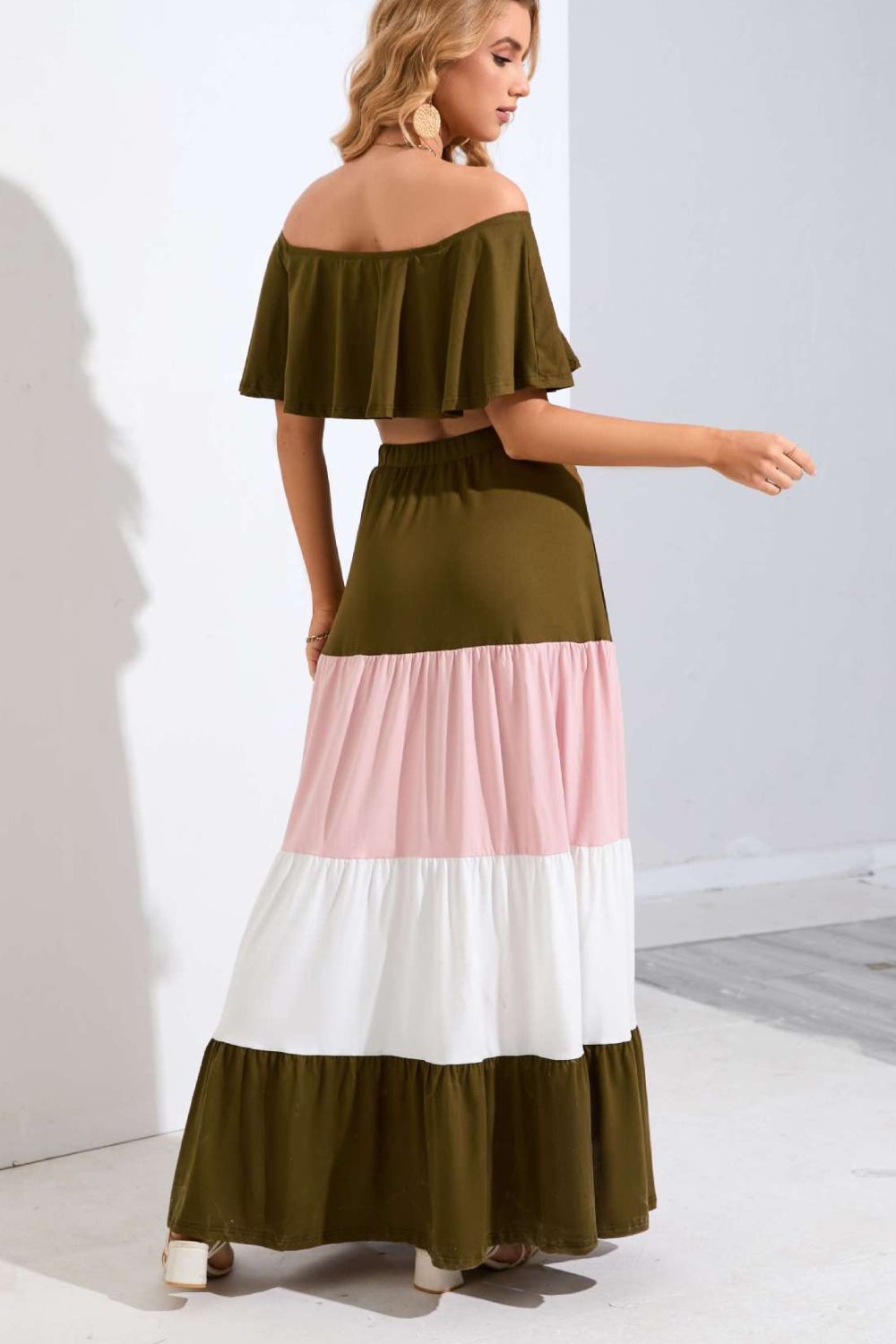Off-Shoulder Crop Top and Color Block Tiered Skirt Set - BloomBliss.com