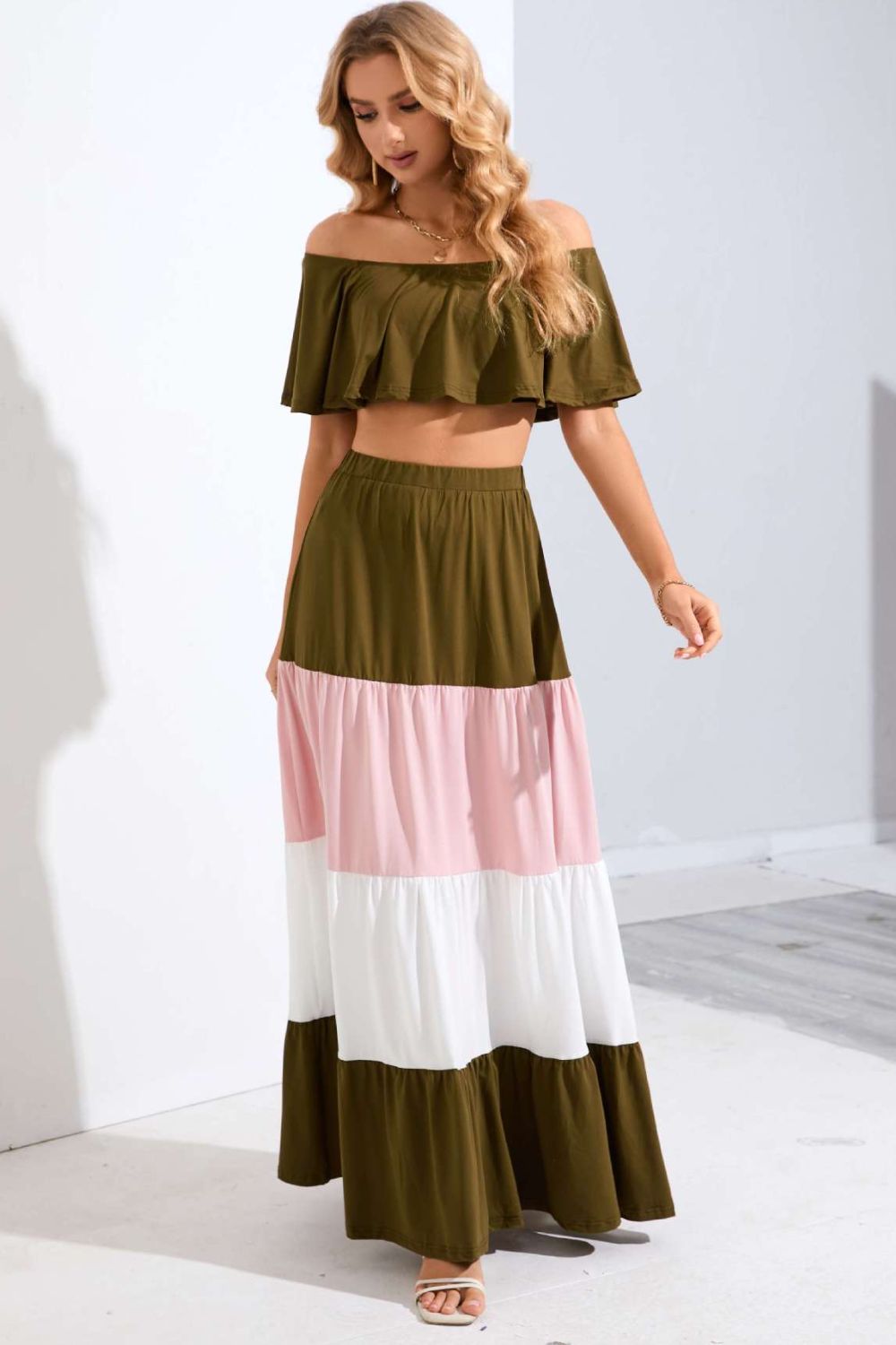 Off-Shoulder Crop Top and Color Block Tiered Skirt Set - BloomBliss.com